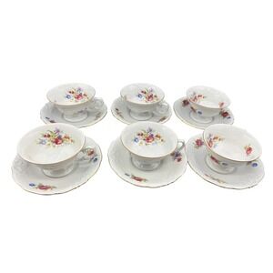 Wawel Poland Floral Porcelain Tea Cup and Saucer Set of 6 Gold Trim Vintage
